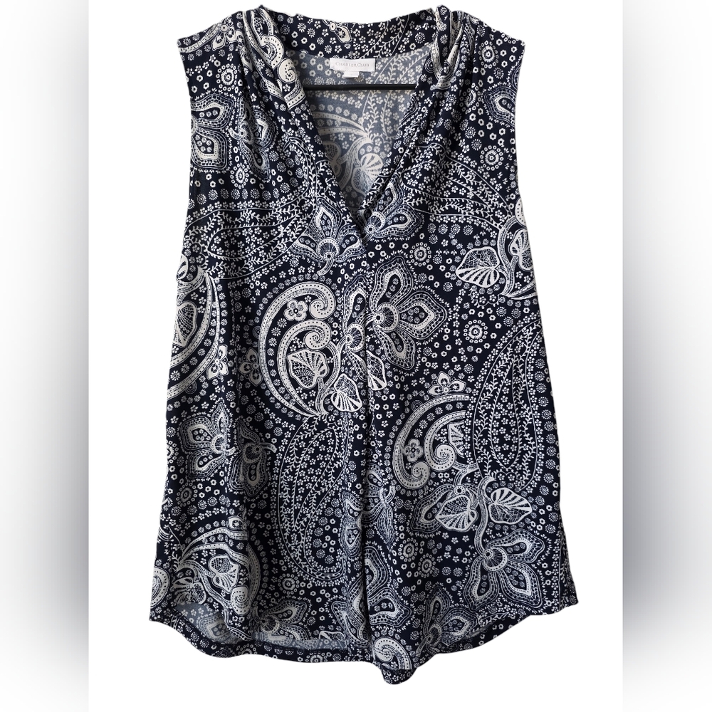 Charter Club Navy & White Paisley Sleeveless Blouse